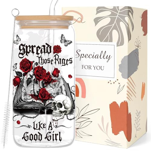 Deorfuy Gothic Glass Cup Gifts for Women Girls, 16 Oz Dark Romance Theme Glass Cup with Lids Straw Gifts, Skeleton Halloween Tumbler Present