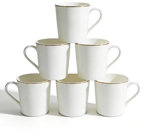 12 oz Elegant White Coffee Mugs Set of 6 – Porcelain Tea Cups, Minimalist Style, Durable & Lightweight, Perfect for Gifting, Weddings, Office or Everyday Use