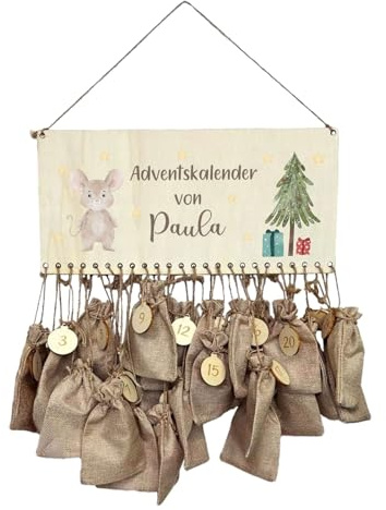 Adventskalender zum befüllen 2025 Lino – Wiederverwendbar Weihnachtskalender DIY mit 24 Jutebeutel und Holzzahlen – Personalisierter Adventskalender Kinder (Lino Maus)