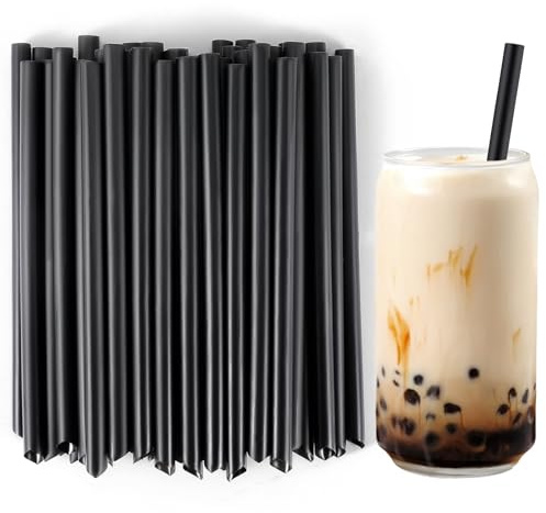 [50 Pcs] Disposable Jumbo Smoothie Boba Straws - 8.26 Long 0.43 Wide Black Plastic Drinking Straws for Bubble Tea, Milkshake, Milk, Juice, Lemonade