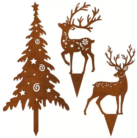 ALEMIN Roststecker weihnachtsdeko Outdoor, Christbaum Tannenbaum und Hirsch Garten Rost Gartenstecker, Weihnachtsbäume Rentier Weihnachten Deko Draußen, Landhausstil Winterdeko Gartendeko