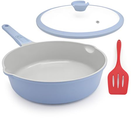 AIKENBBKK Keramik Pfanne 28 cm mit Deckel Antihaft Bratpfanne- Blau-grau | Keramikbeschichtung Schmorpfanne 28 cm mit Abnehmbarer Griff, Geeignet für alle Herdarten
