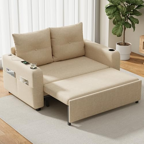 Merax Schlafsofa 2-Sitzer | 131x187x94 cm - Kleines Sofa - mit Schlaffunktion, klappbare 3-in-1 Schlafcouch Ausziehbar mit Getränkehalter, USB-Anschluss und Seitentaschen - Leinenstoff Sofabett, Beige