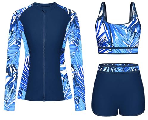 3 Pieces Women's Rash Guard Swimsuits Tummy Control Swimwear Push Up Padded Swimming Costumes Vintage Printed Wetsuit Long Sleeve Sports Surfing Bathing Suit