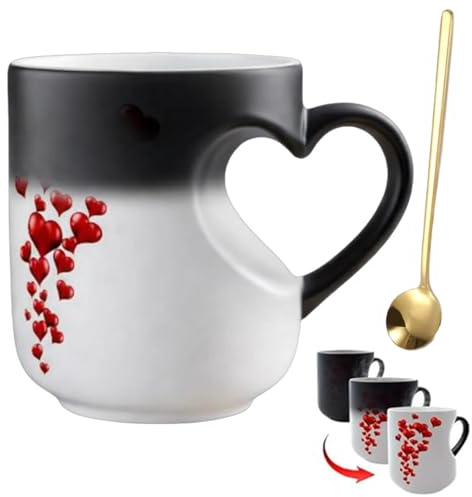 Tasse magique en céramique changeante de couleur en forme de cœur, tasse à café amusante avec poignée en cœur, design surprise lorsque vous remplissez de boissons chaudes, cadeau pour anniversaire et
