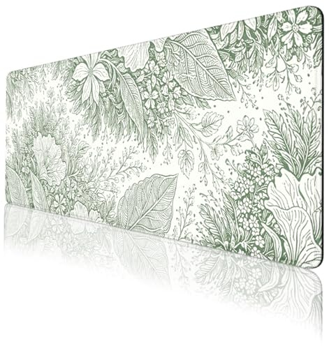 Botanical Line Art Desk Pad 800x300mm Sage Green Floral Gaming Desk Mat Waterproof Stitched Edges Rubber Base Non-Slip Deskmap Computer Keyboard Mat Mouse Pads for Desk Home Office Gaming