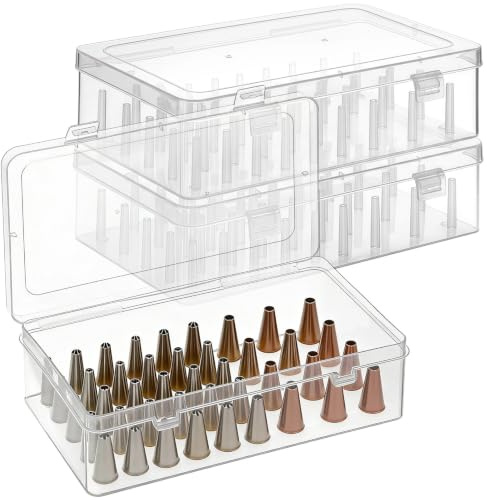 3 Pcs Piping Tip Box Organizer with 126 Fixed Pins, Clear PP Plastic Baking Cake Decoration Tool Storage Box, Stackable Cake Decorating Storage Box, 9.3 x 5.3 x 2.6 in