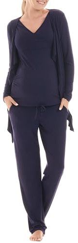 Herzmutter Pyjama Grossesse - Pyjama Allaitement - Trois Pieces - Vêtement de Détente pour Femme Enceinte - Pyjama Ensemble Maternité - Pantalon-Haut-Cardigan - Bleu-Gris - 8100 (XXL, Bleu)