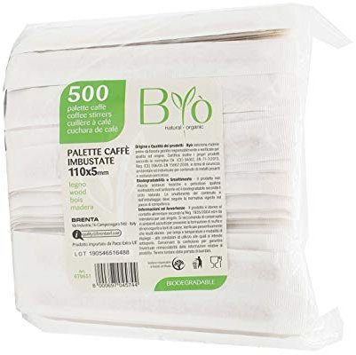 Bio 500 Palette IMBUSTATE Legno per Caffe' COMPOSTABILI H 11 X 0.5 Cm monouso biodegradabile EN13432 INCARTATE