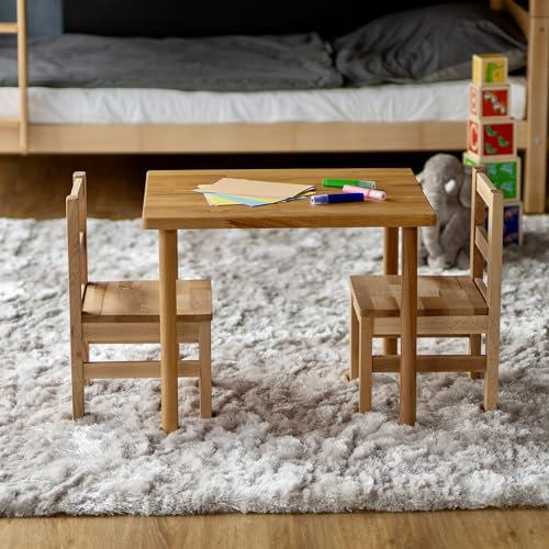 Staboos Sitzgarnitur Kinder aus massivem Buchenholz - 1 Tisch & 2 Stühle - Bio geölte Kindermöbel - Montierte Sitzmöbel - Sitzgruppe ohne scharfe Kanten - Natur Bio geölt