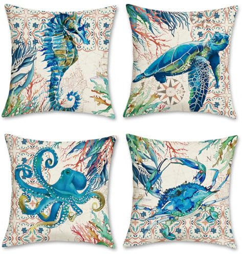 Bonhause Maritime Kissenbezüge Ozean Nautisch 45 x 45 cm Seeschildkröte Seepferdchen Oktopus Krabbe Polyester Leinen Dekorative Kissenhülle Zierkissenbezüge für Sofa Auto Zuhause Dekoration 4er Set