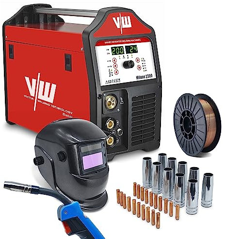 Fülldraht Schweißgerät 200A, MIG MAG Schweissgerät, Inverter Schutzgasschweißgerät SET mit Schweißhelm&Fülldraht, für Profi&Anfänger, 2&4 Takt, Milano2300, VECTOR WELDING