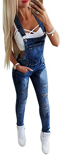 shownicer Jumpsuits Damen Zerrissene Jeans Sexy Strumpfhose Handtragen Hosenträger Jeanshose Overalls Mit Mehreren Taschen Mode Overalls Denim Playsuit Blau L