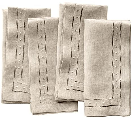 Leinenservietten, 4 Stück, 100 % Flachs, Natur, mit gesticktem Punkt, 45,7 x 45,7 cm, Hohlsaum, Stoffservietten, waschbar für den Sommer