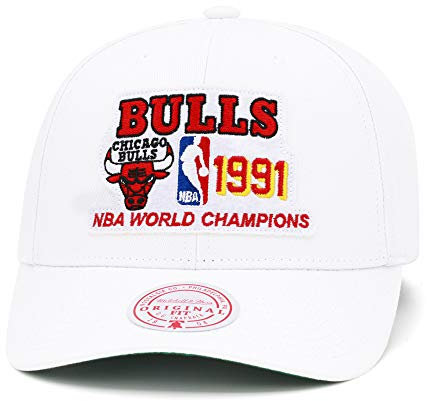 Mitchell & Ness Chicago Bulls Snapback Cap mit gebogener Krempe, Weiß/1991 NBA Champions, Weiß, Rot, Gelb, Einheitsgröße