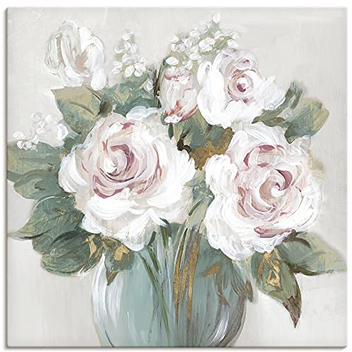 ARTLAND Wanddeko Leinwand Bilder Wandbild 50x50 cm Gemälde Vase Blumen Rose Blüten Blumenstrauß Boho Shabby Chic U2RY