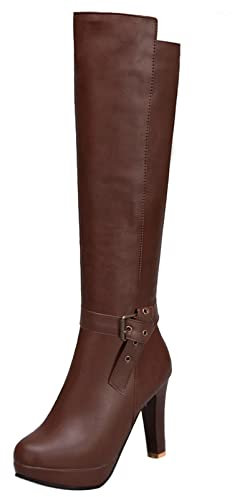 Stivali Alti Fino Al Ginocchio da Donna, Stivali da Vestito Tacco a Blocco Zip Punta Rotonda Boots Eleganti con Plateau, 24293Zqt Marrone Numero 34 EU
