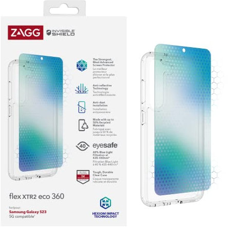 ZAGG InvisibleShield Flex XTR2 ECO 360 Screen Protector Compatible for Samsung Galaxy S23, Shockproof, Strong, Anti-Dust Install, Anti-Reflective, Blue Light Eyesafe, 5G, Eco-Friendly, Clear