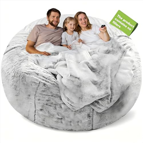 YudouTech (No Filler Bean Bag Chair Cover Without Filler,Big Round Soft Fluffy PV Velvet Washable Bean Bag Lazy Sofa Bed Cover for Adults,Living Room Bedroom Furniture Outside,6ft Snow Grey
