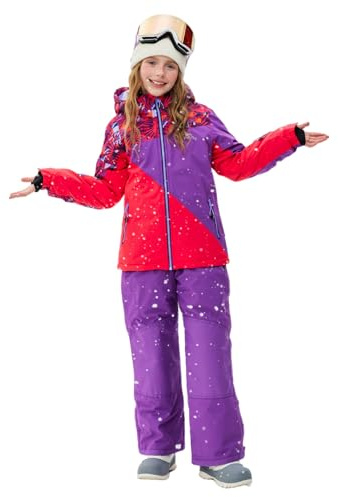 SMONTY Conjunto de Esquí niñas chaqueta y pantalones de esquí de invierno correas con capucha A prueba de viento Impermeable Cálido(Rojo morado-Rojo colorido, 14-16)