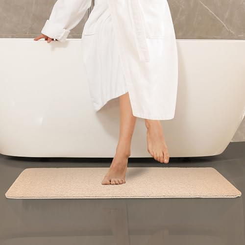 Dikots Long Shower Mat non slip anti mould 120 x 40 cm - Beige Loofah style PVC extra long bath mat - Washable and Quick Drying anti slip mat for Wet Surfaces
