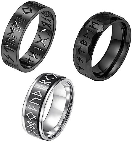 Flongo 3 Stücke Runenringe Set Fidget Ring 8mm Edelstahl drehbar Spinner Bandring Anti Angst Ringe mit Gravur Punk Wikinger Zappelring für Damen Herren Fingerring zu Geburtstag schwarz