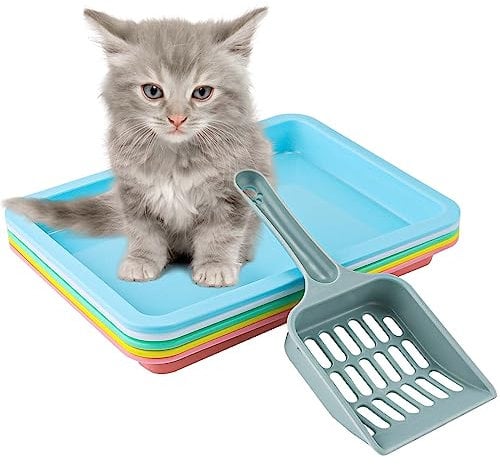 5uds Cajas de Arena para Gatos, Bandeja para Gatos con Espátula Caja de Arena Poco Profunda Plástico Bandeja de Residuos Portátil para Gatos Cajas para Gatitos para Gatos de Interior(5 Colores)