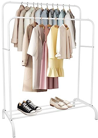 Drumm Porte Vêtement sur Pied Cintre Tiges Doubles,Porte-Manteau,Portant à Vêtements en Métal,Couche étagère pour Chaussures Rangement,Rangement Polyvalent,145-125 * 110 * 54cm