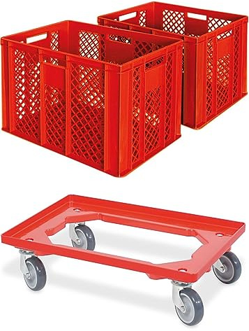 BRB 2x Eurobehälter/Bäckerkiste, LxBxH 600x400x410 mm inkl. Transportroller (rot)