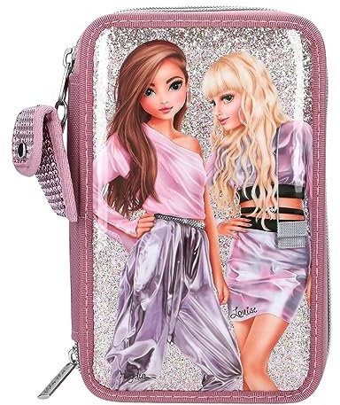 Depesche 12527 TOPModel Glitter Queen - Gefüllte 3-Fach Federtasche mit Druckknopf-Tasche aus Glitzerstoff, Federmäppchen mit Buntstiften, Lineal, Schere uvm.