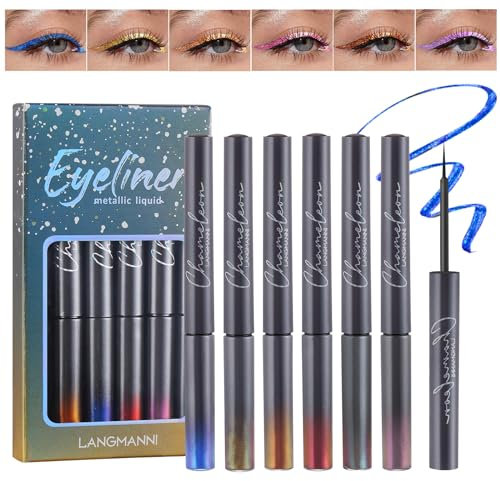 Ofanyia 6Pcs Metallic Liquid Eyeliner Makeup Set, Glitter Multichrome Eyeliner Eyeshadow Set, Waterproof Long-lasting Quick-Drying Formula, Colorful Eye Liner Kit for Eye Makeup (Set A)
