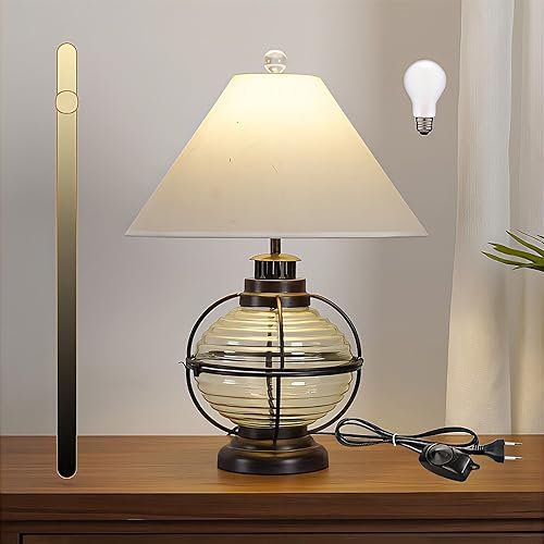 KZT E27 Tischlampe Dimmbar mit Stecker 52CM Retro Nachttischlampe mit Schalter Glas Deko Tischleuchte Stoff Lampenschirm Leselampe für Schlafzimmer Wohnzimmer Büro Hotel, Inklusive Leuchtmittel