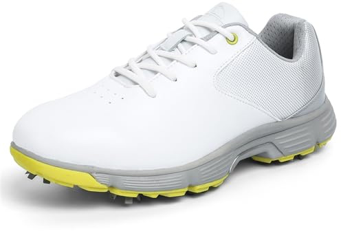 JiuQing Scarpe da Golf Impermeabili da Uomo Scarpe da Golf Professionali con Punte Chiodate Antiscivolo da Passeggio,Giallo,48 EU