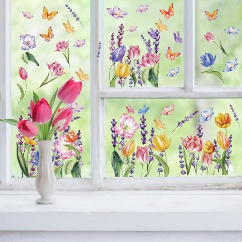 SULOLI 8 Feuilles Sticker Fenêtre de Tulipes,Stickers Fleurs Plante Feuilles Papillon,Pâques Autocollant Fenêtre Réutilisable,Stickers Pâques Fenetre PVC pour Printemps Été Pâques