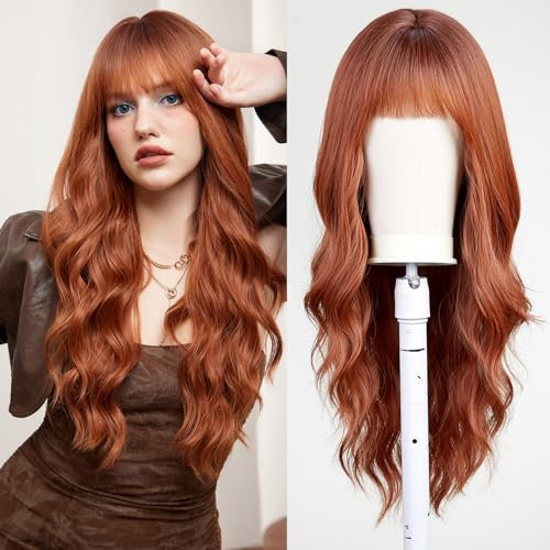 UEVIES Lange Lockige Auburn Perücke mit Pony für Frauen - Synthetisches Haar - 26 Zoll