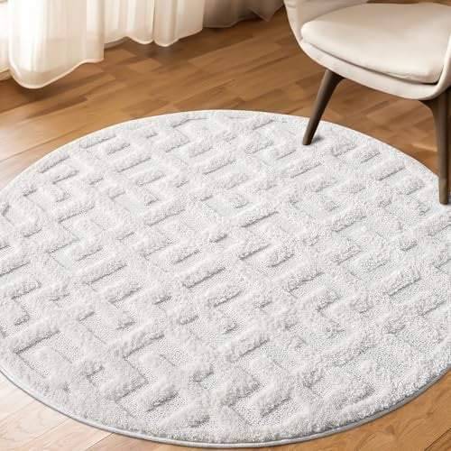 Teppich Rund - 200x200cm - Hochflor - Boho - Pastell Creme Grau - Einfarbig - Modern Geo Muster- Skandinavisch Flauschig Weich - Schlafzimmer Dekoration