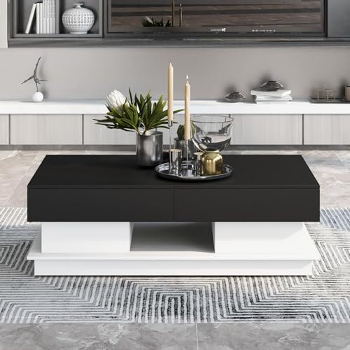 KOMHTOM Table basse avec espace de rangement en noir et blanc, table d'appoint extensible, table basse pour chambre et salon 100 x 60 x 36 cm (C)