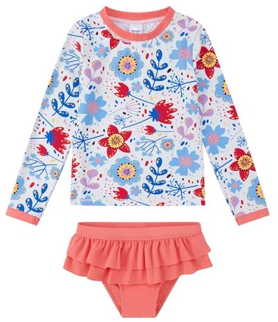 upandfast Mädchen UV-Schutz Badeanzug Schwimmanzug Badebekleidung 2-Pieces Swimsuit(4 Jahre,Orange Blume)