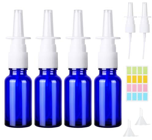 CoKeeSun 4 Piezas Nasal Spray Botellas, 10ml Azul Botellas de Aerosol Nasal, Vacío Vidrio Pulverizador Nasal con Embudos, Pegatinas, para Perfume, Aceites Esenciales, Solución Salina