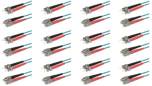 SpeedyFiberTX Glasfaserkabel ST auf FC Patchkabel, 12er-Pack, 500m, Rote und schwarze Stecker, Corning ClearCurve Multimode OM4 50/125um Glasfaser, Duplex LSZH Kabelmantel Türkis (Aqua)