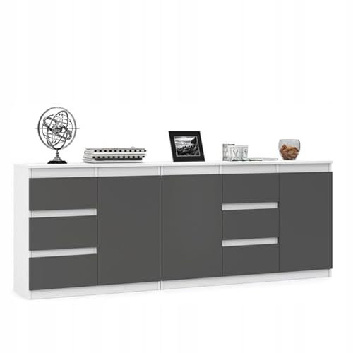 VBChome Kommode 120 x 35 x 75 cm und 80 x 35 x 75 cm Weiß - Graphit Grifflose Schubladenkommode Mehrzweckschrank für Flur Schlafzimmer Wohnzimmer