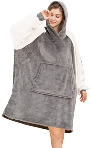Gentlewarm Oversized Blanket Hoodie, Wearable Hooded Blanket, Soft Sherpa Fleece Snuggle Blanket Hoodie Adult, Warm Throw Blanket Sweatshirt Robe for Women Men Teens Grey White