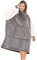 Gentlewarm Oversized Blanket Hoodie, Wearable Hooded Blanket, Soft Sherpa Fleece Snuggle Blanket Hoodie Adult, Warm Throw Blanket Sweatshirt Robe for Women Men Teens Grey White