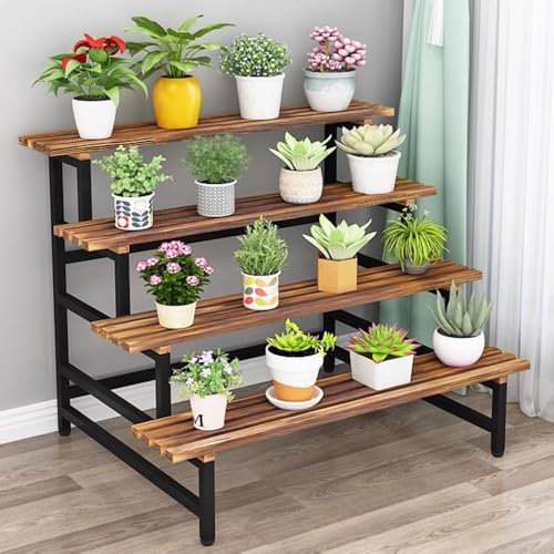 KADEUX Indoor Outdoor Pflanzenständer 4-stufig Blumenregal Aus Holz, Garten Pflanzenregal Blumenbank, Leiterregal Für Blumentopf Ablage(Black Frame,80cm(31in))