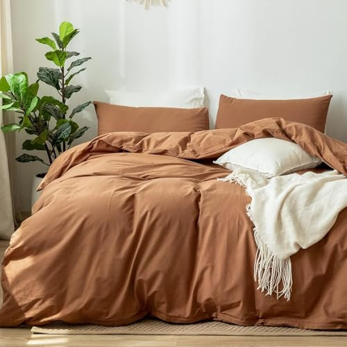 Tospass Baumwolle Bettwäsche 135x200cm 4tlg Karamell Unifarben Baumwolle Renforce Bettwaren-Sets Leinenoptik Uni Elegant Deckenbezug 2 Bettbezug mit Reißverschluss und 2 Kissenbezug 80x80cm