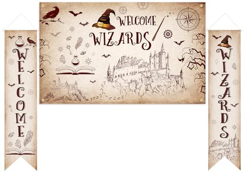 LOHAME Welcome Wizards Banner Set 180 x 110 cm Halloween Magische Zauberer Partysbanner und 2 Stück 130 x 30 cm Magiie Wizard Türbannner Harry Geburtstag Hintergrund für Halloween Karneval Fasching