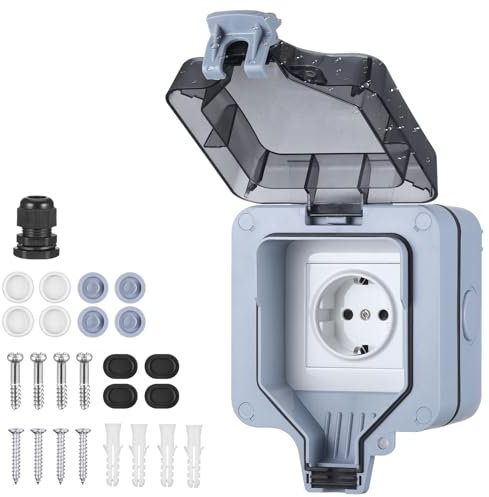 JIZZU Enchufe Exterior Estanco, 16A Enchufe Exterior Impermeable con Clasificación IP66 con Conector de Cable y Tapa Abatible, Enchufe de Superficie para Jardín, Piscina, Cocina, Baño y Garaje