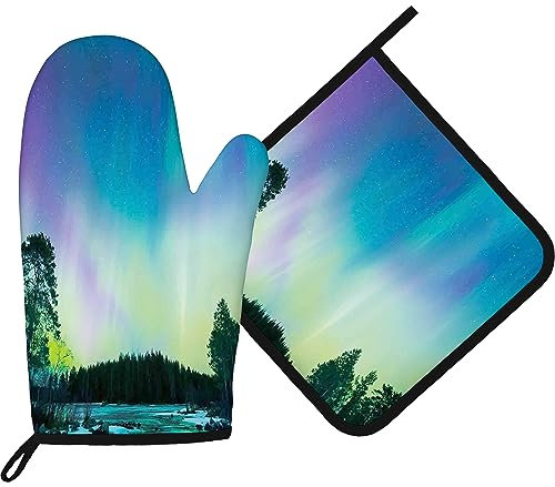 Ofenhandschuhe Aurora Über See Umgeben, Grün Topfhandschuhe Qualitäts Kochhandschuhe Hitzeresistente Topflappen Set Für Grillen Kochen Barbecue