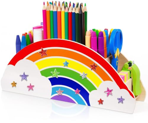 MPQDFG Schreibtischorganizer aus Holz, Regenbogen Stiftehalter Stifteköcher/Stifthalter/Tisch-Organizer/Multifunktions -Organisator für Kinder Büromaterial, Klassenzimmer Organisation