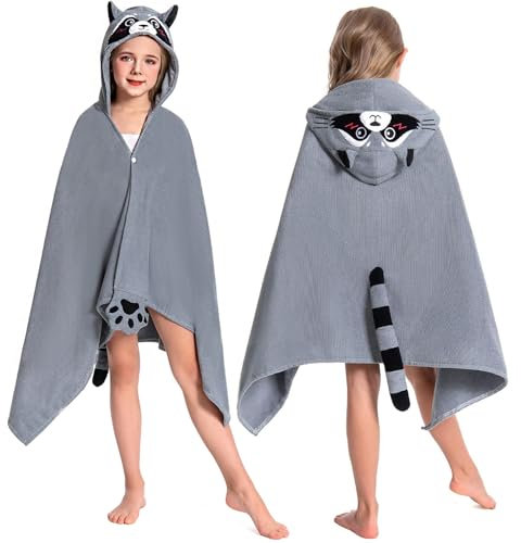 OLAOLA Badeponcho Kinder, Weich und Schnelltrocknendes Badetuch Poncho, Mikrofaser Handtuch mit Kapuze für Strand Schwimmen, Strandtuch für Mädchen Jungen 3-12 Jahre Alt (Waschbär)